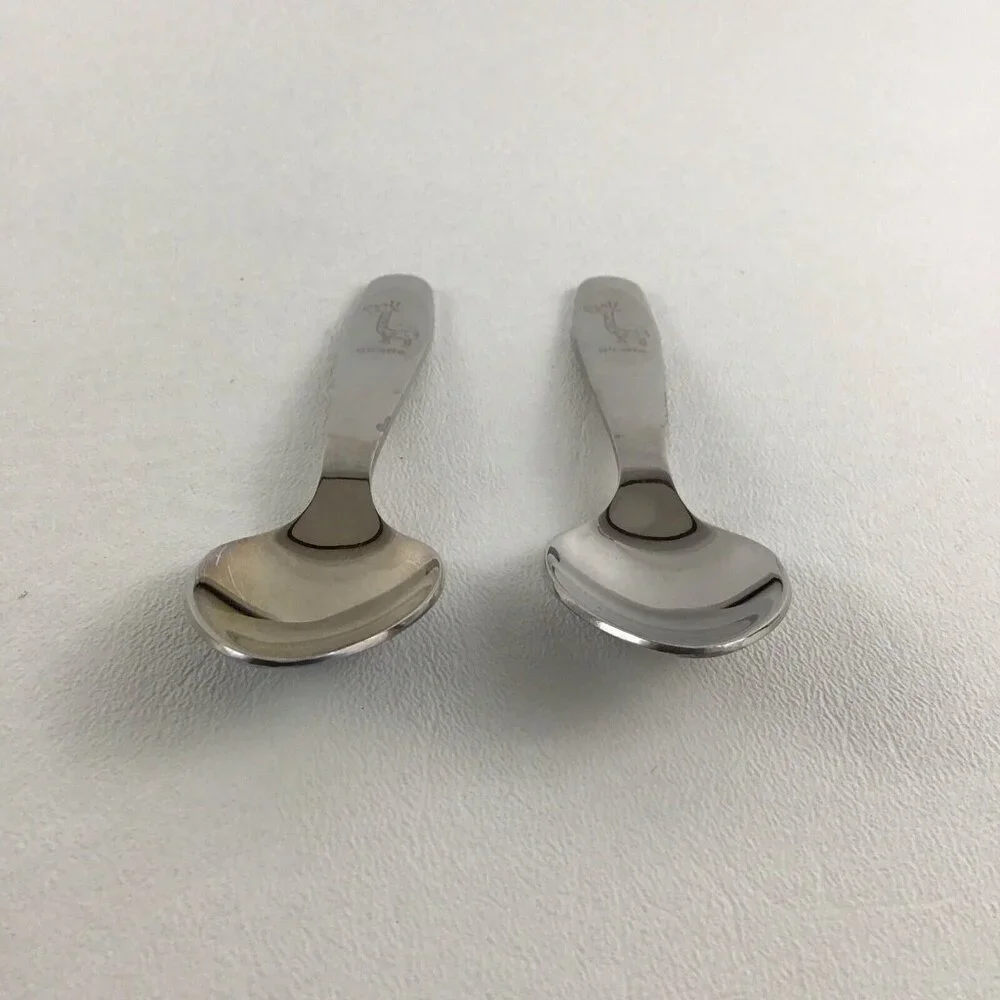 2 Baby Toddler Child Feeding Spoon Set Giraffe Silver Pair Lot - Picture 2 of 7